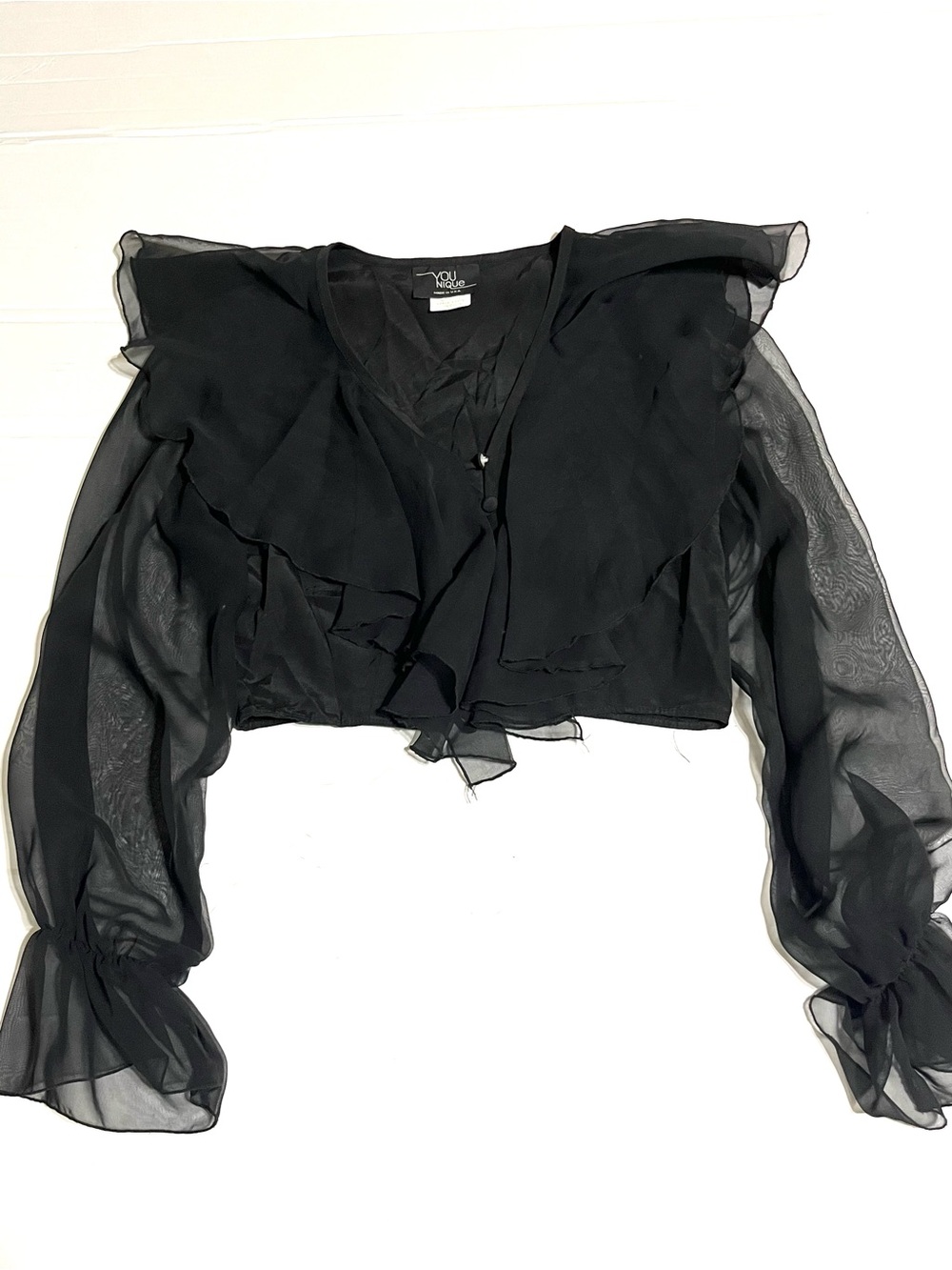 Reto 90s Black Sheer Ruffle V-Neck cropped Blouse with Flowing Sleeves